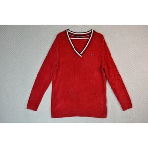 Tommy Hilfiger Women's XL Red Chenille V Neck Varsity Sweater